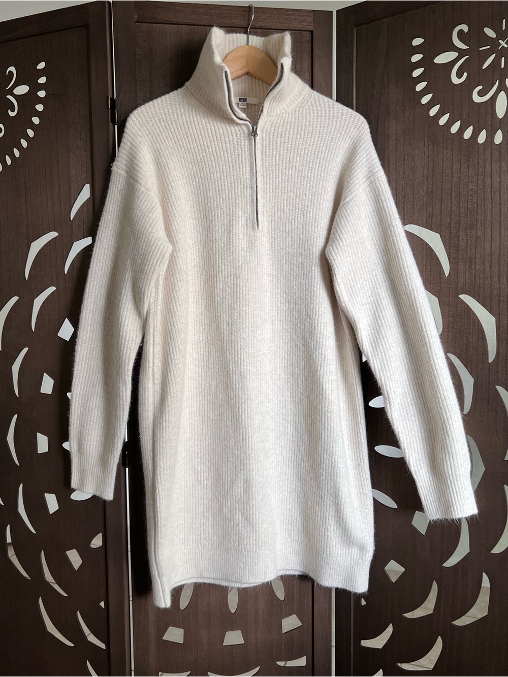 Uniqlo Cream Ribbed Half-Zip Midi Sweater Dress
